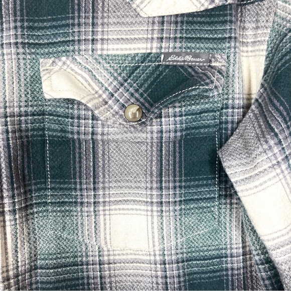 Eddie Bauer Western Shirt Plaid Button Up Snap Perl Mens M Long Sleeves Green - Picture 7 of 13